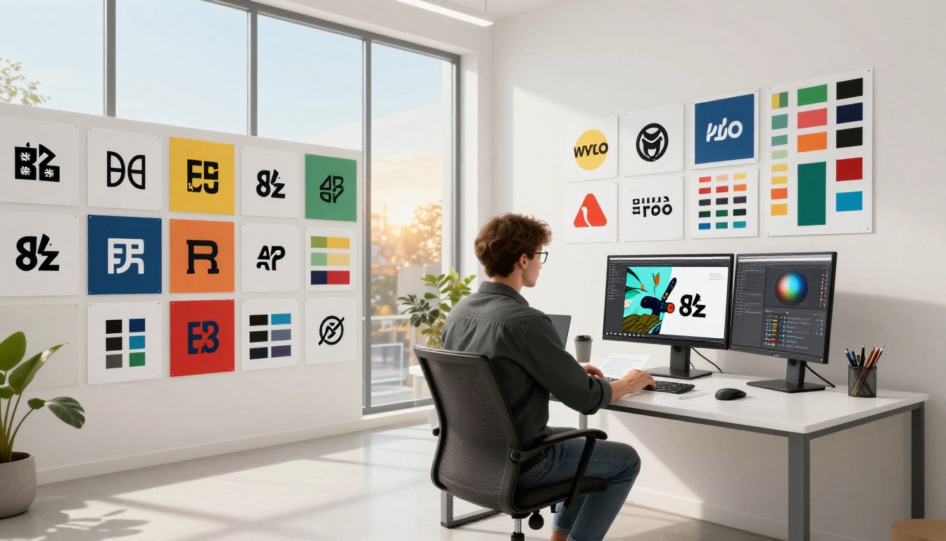 A brand designer at a standing desk reviewing printed logo sheets alongside a monitor showing digital animation previews, bright modern branding studio