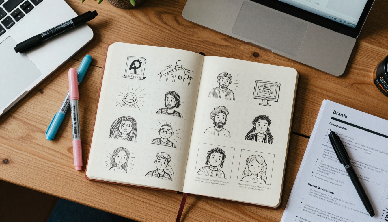 An aerial flat-lay of a creative desk with hand-sketched logo animation storyboards, colored markers, and a laptop partially visible showing an AI interface An aerial flat-lay of a creative desk with hand-sketched logo animation storyboards, colored markers, and a laptop partially visible showing an AI interface