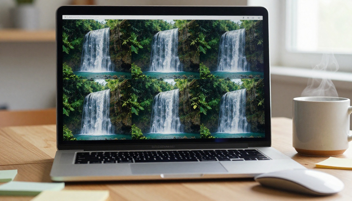 Laptop screen showing AI-generated looping waterfall background in natural desk light