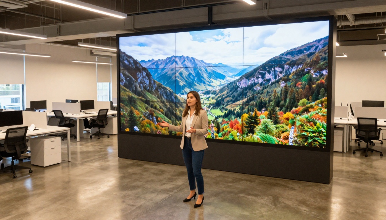 Aerial shot of presenter in front of LED wall showing AI looping mountain landscape