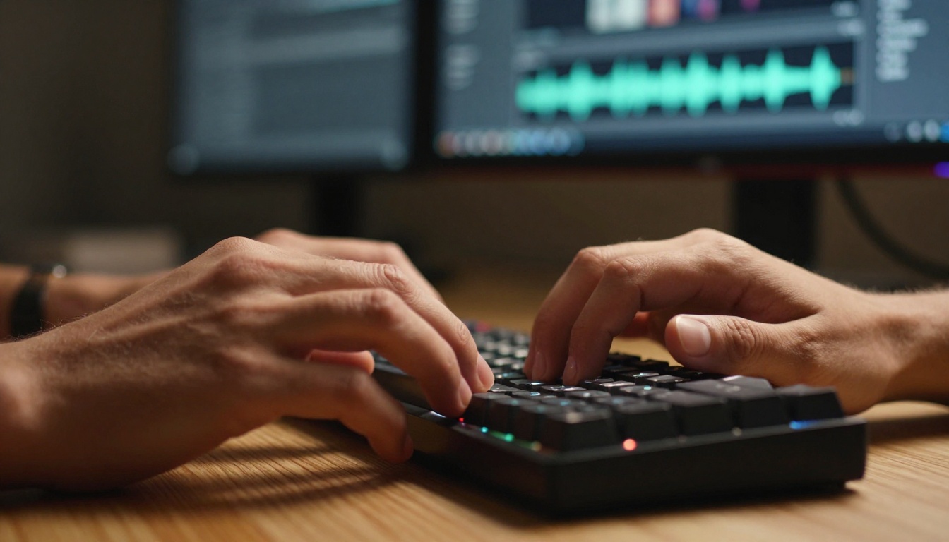 Close-up of hands typing on mechanical keyboard with AI video generation interface in background