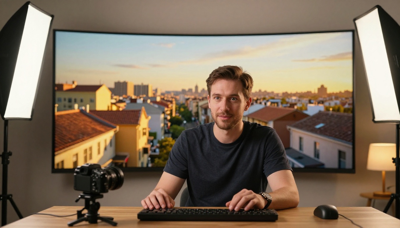 Content creator at live streaming desk with AI looping cityscape background on curved screen