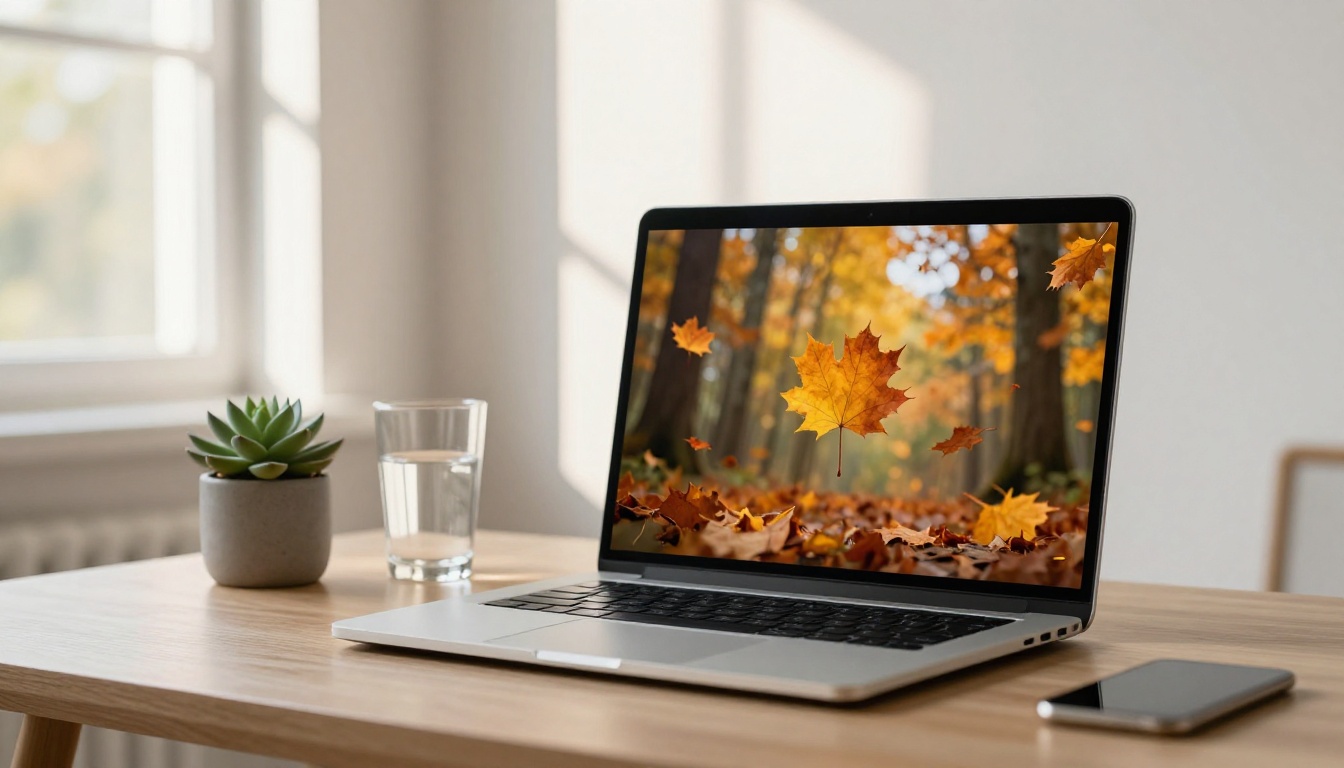 Laptop on Scandinavian desk showing video conference with AI autumn forest looping background