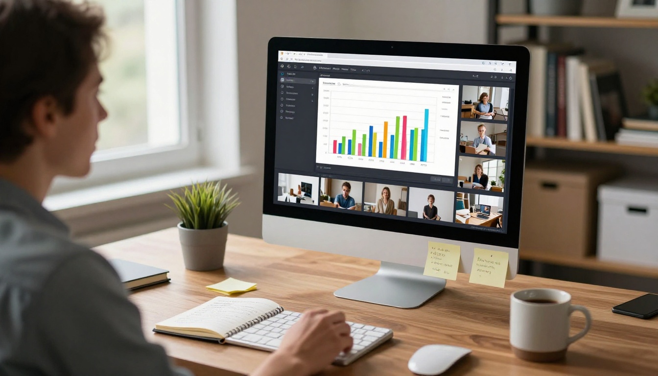 Content strategist reviewing product demo analytics on a studio monitor