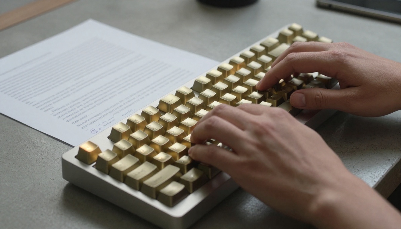 Close-up of hands writing a product demo script on a mechanical keyboard with annotations