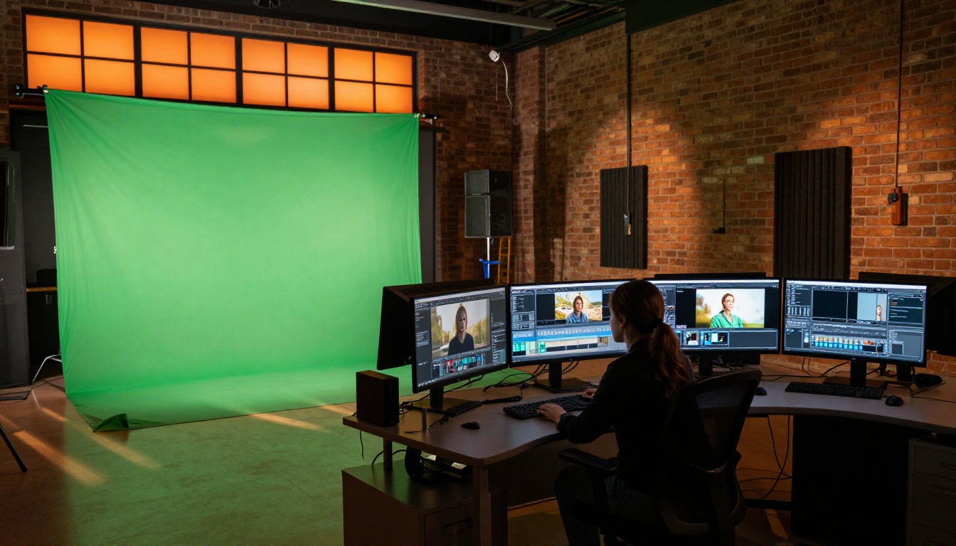 Production studio interior with dual monitors showing AI looping background renders at dusk