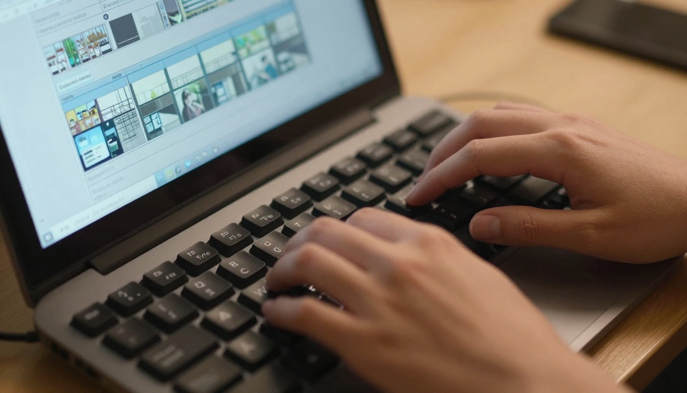 A content creator typing a prompt that generates a video on her monitor
