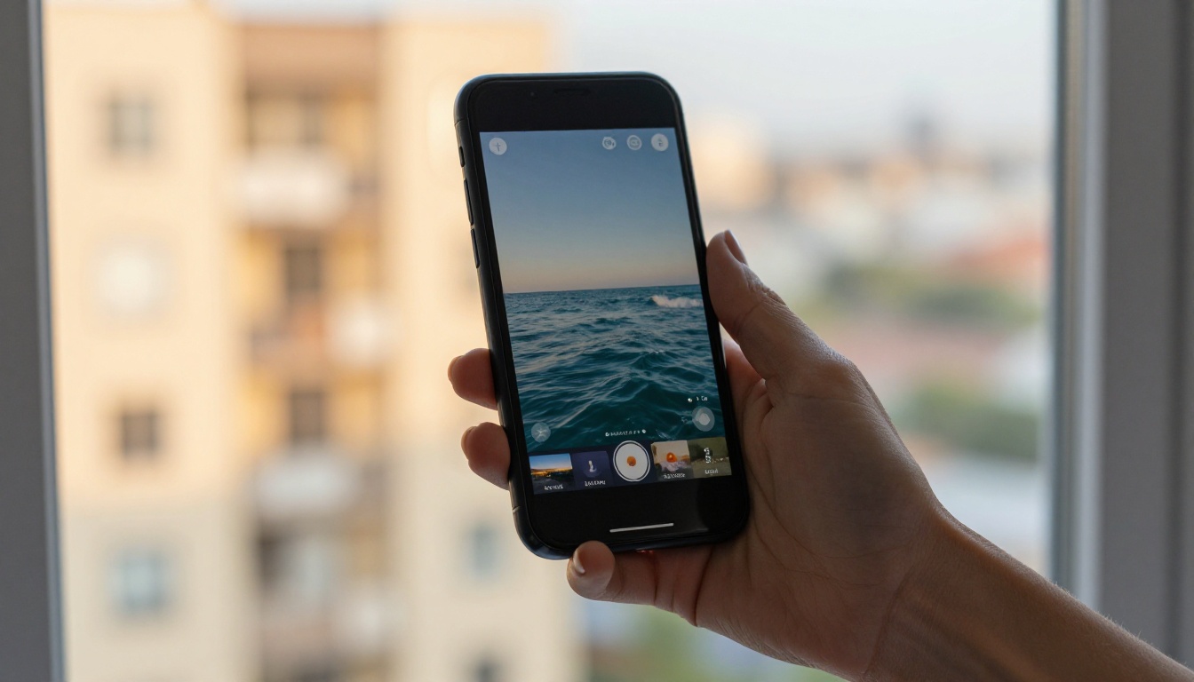 Woman holding smartphone with AI looping ocean waves background visible on screen