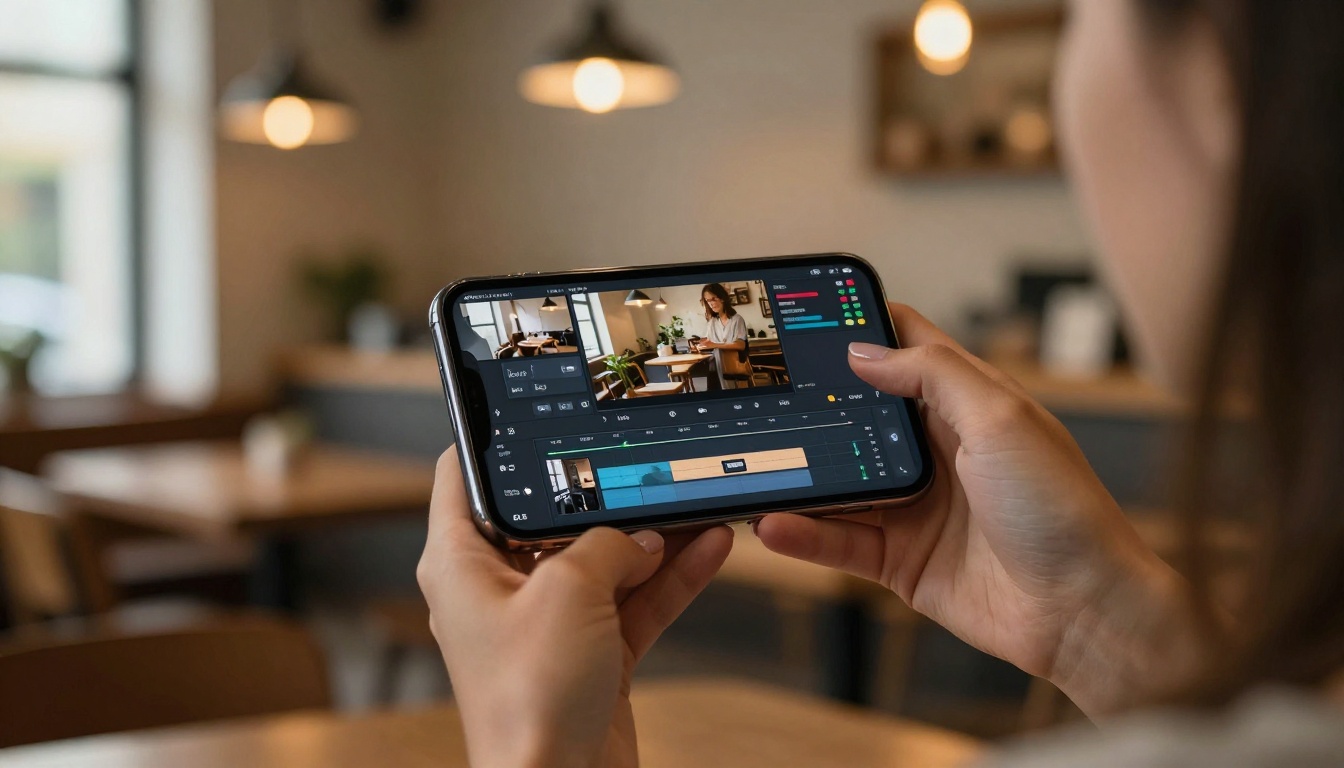 Professional smartphone showing a clean AI video editing interface