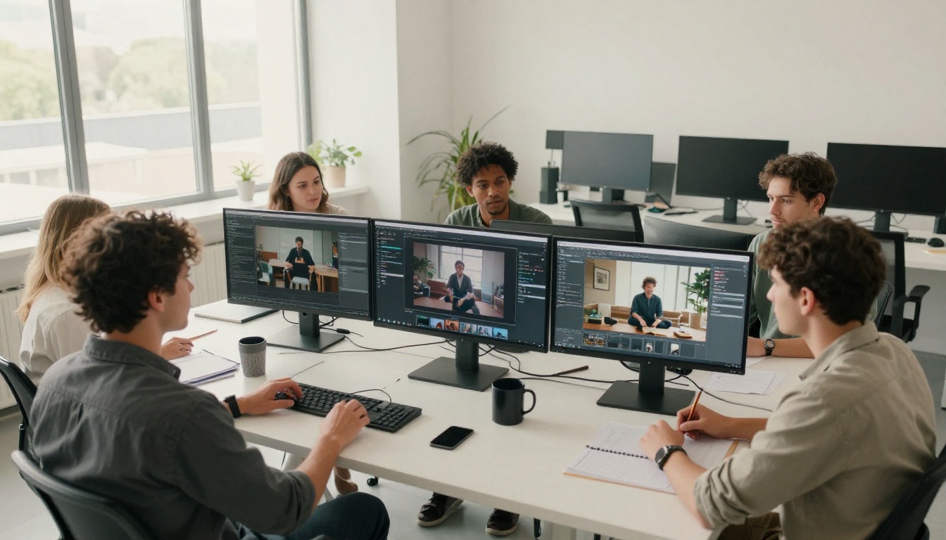 Team reviewing AI-generated video results on studio monitors