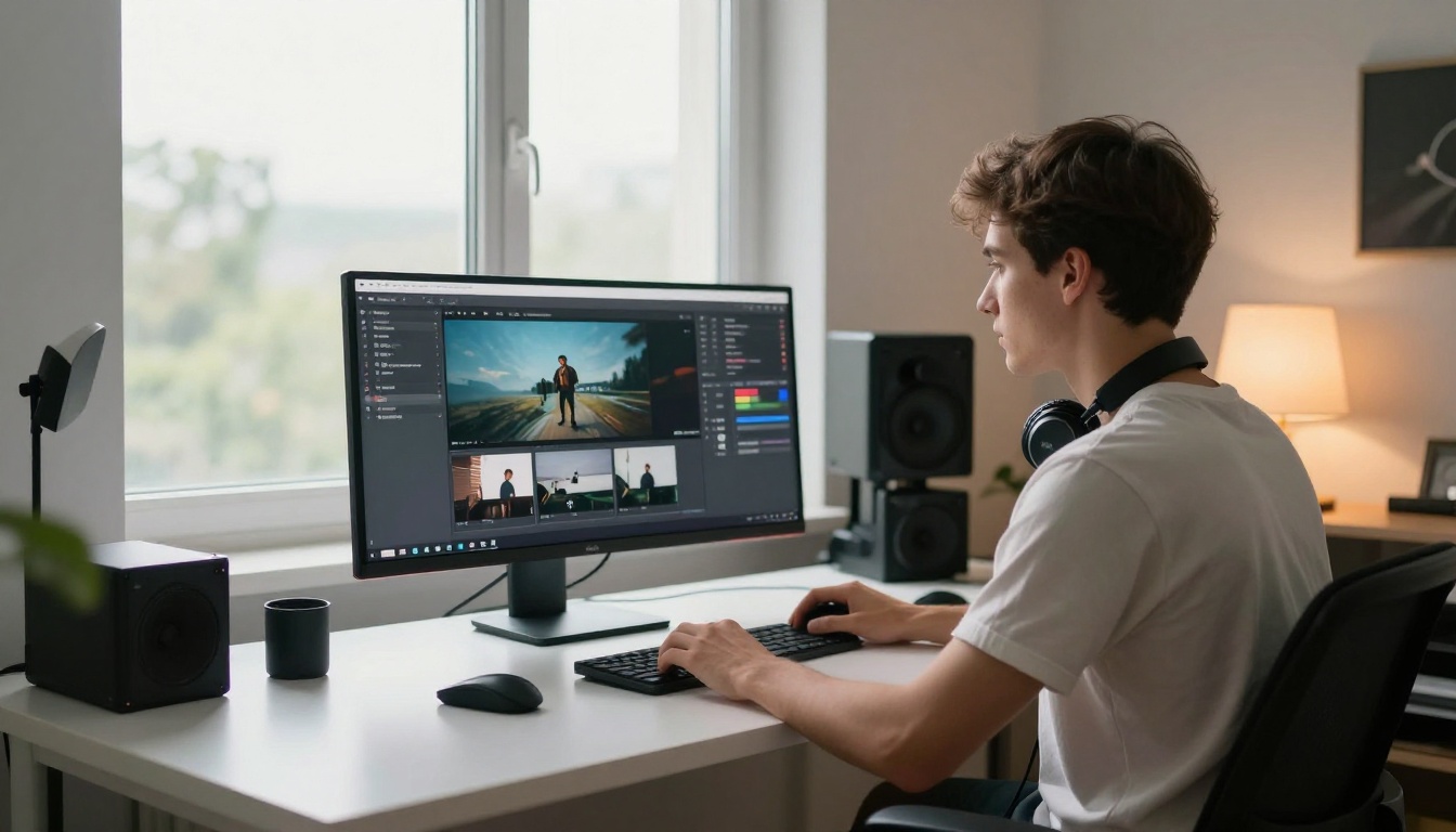 Content creator working at minimalist home studio desk with AI video platform visible on monitor