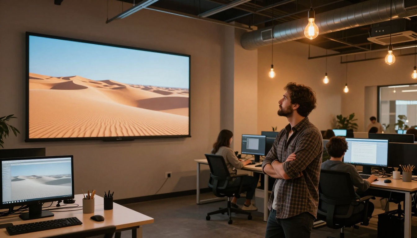 Co-working space with large monitor displaying AI looping desert sand dunes background