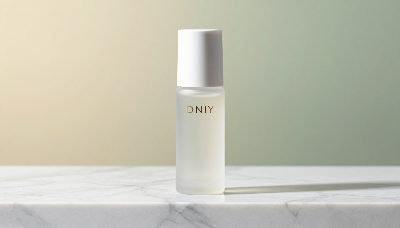Editorial product photography: frosted glass skincare bottle on a white marble surface
