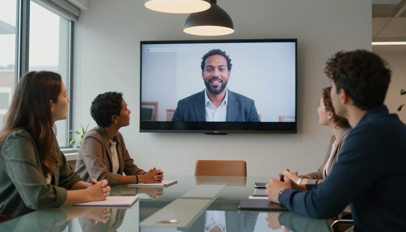 Marketing team reviewing product demo video on a wall-mounted conference screen