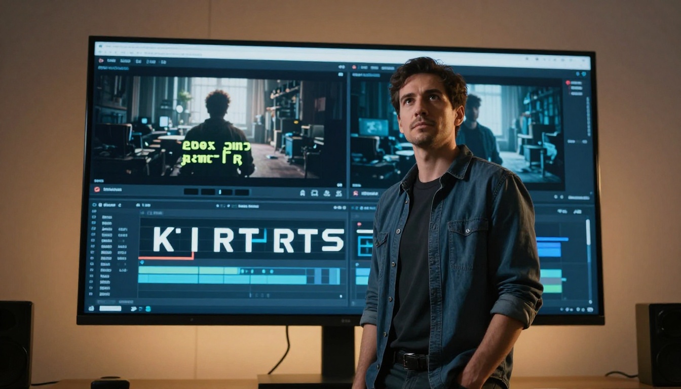 Male video editor comparing text prompt to generated video on a large monitor