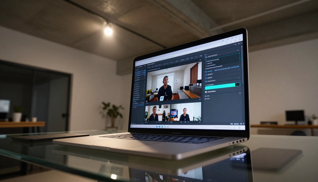 Low-angle view of a laptop showing AI video interface on a glass desk in a home office