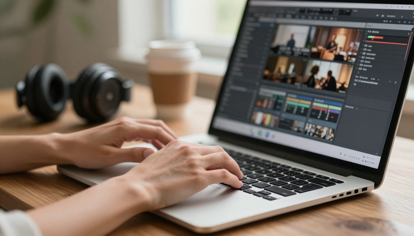 Hands typing on laptop with AI video interface and music production software on screen