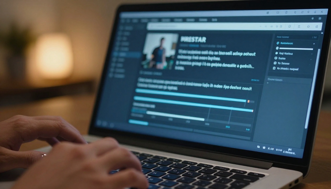 Close-up of a laptop screen displaying an AI video generation interface with a text prompt field and video timeline