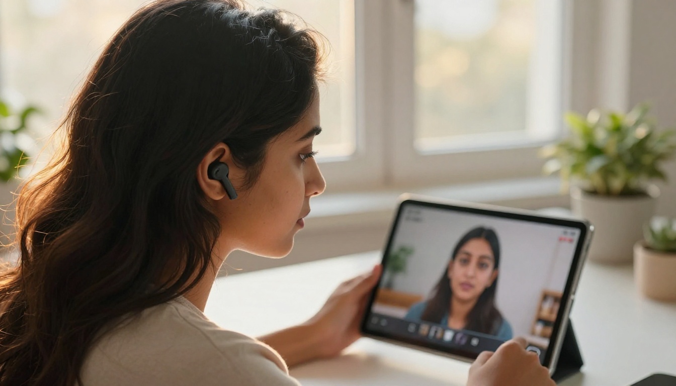 Woman reviewing AI video content on a tablet with golden window light