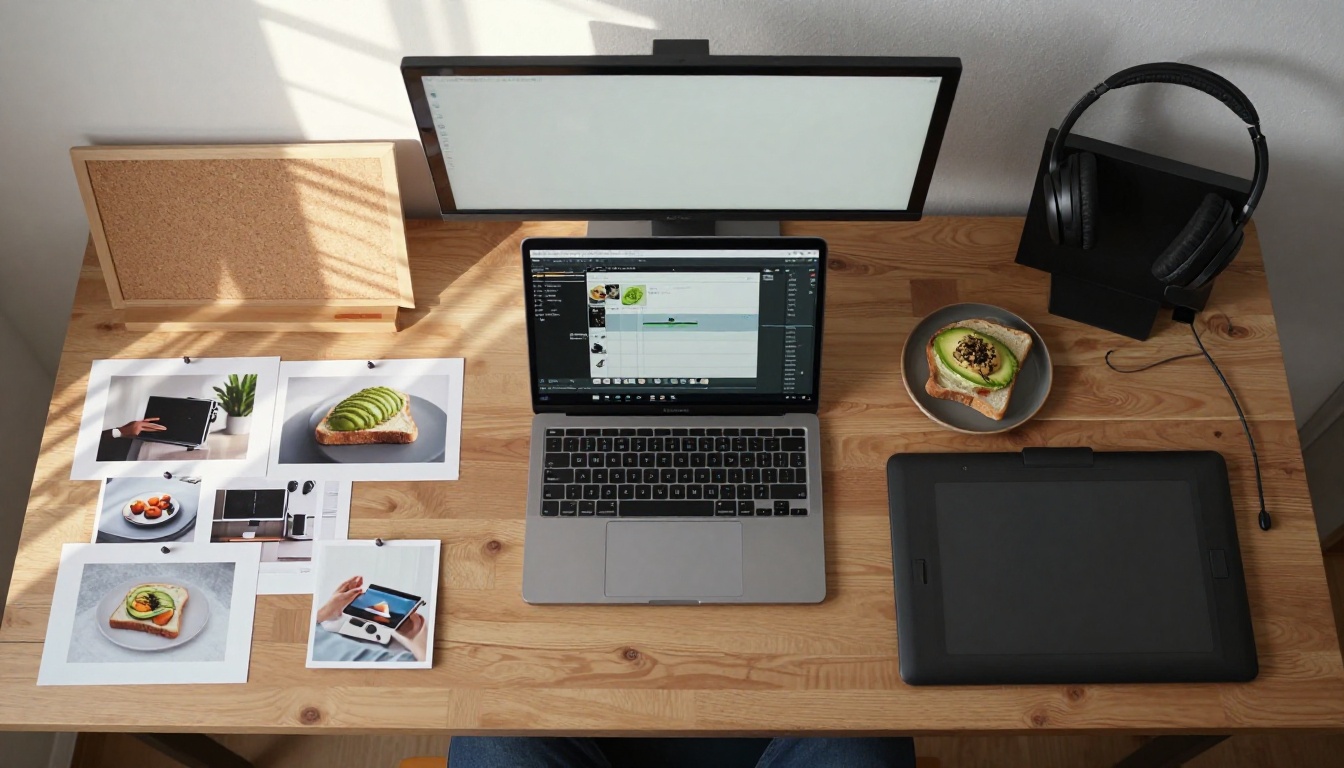 Aerial flat-lay overhead view of a full content creator workspace with multiple screens and tools