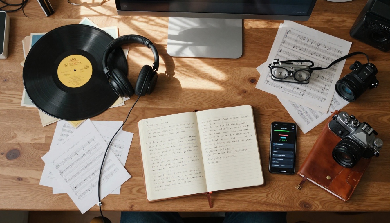 Aerial flat lay of music production workspace with vinyl records and handwritten lyrics