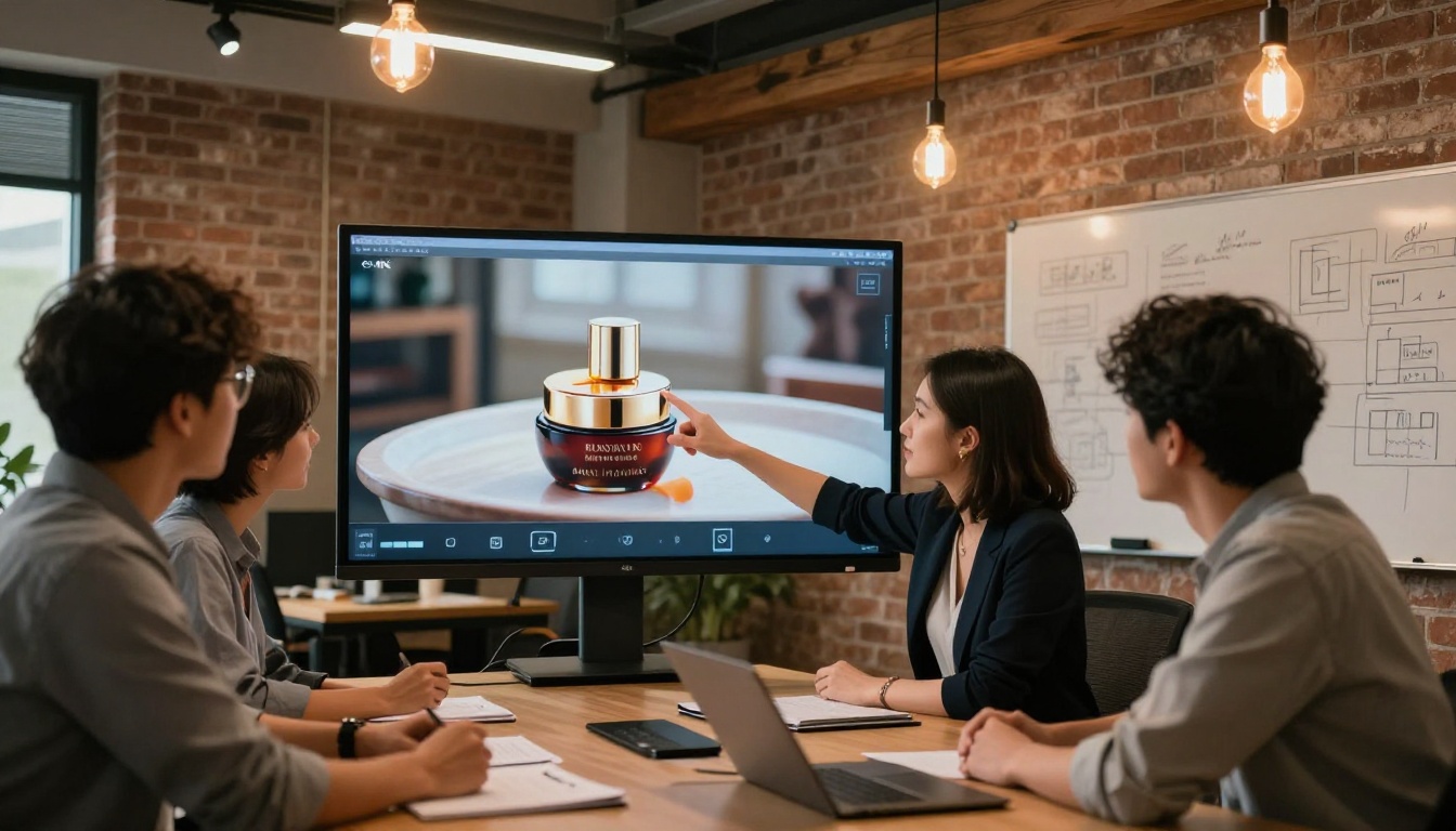 A small creative marketing team reviewing a polished video advertisement on a large monitor in a modern agency boardroom
