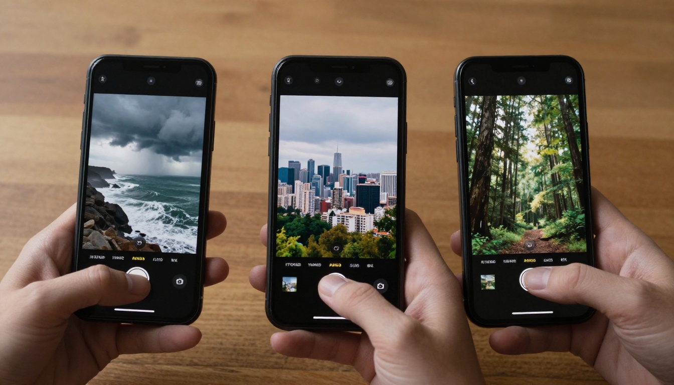 Three phones showing different AI-generated video clips being compared