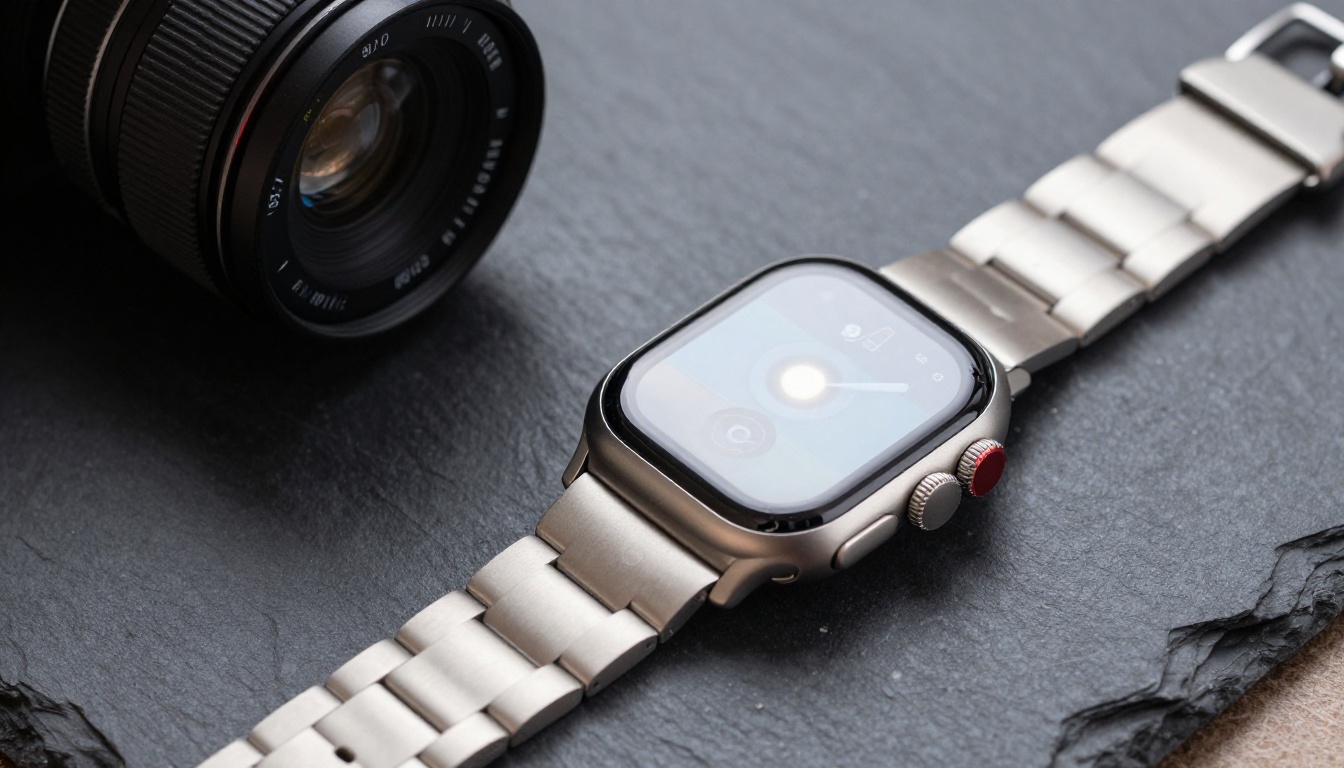 Close-up of a premium smartwatch product photography on dark slate, camera tripod visible in background