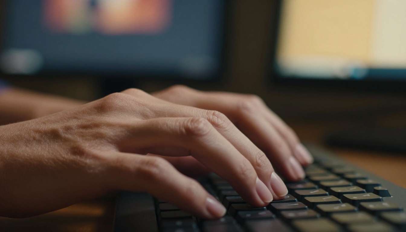 A woman's hands typing on a black mechanical keyboard mid-keystroke, with a blurred monitor displaying warm amber video footage in the background