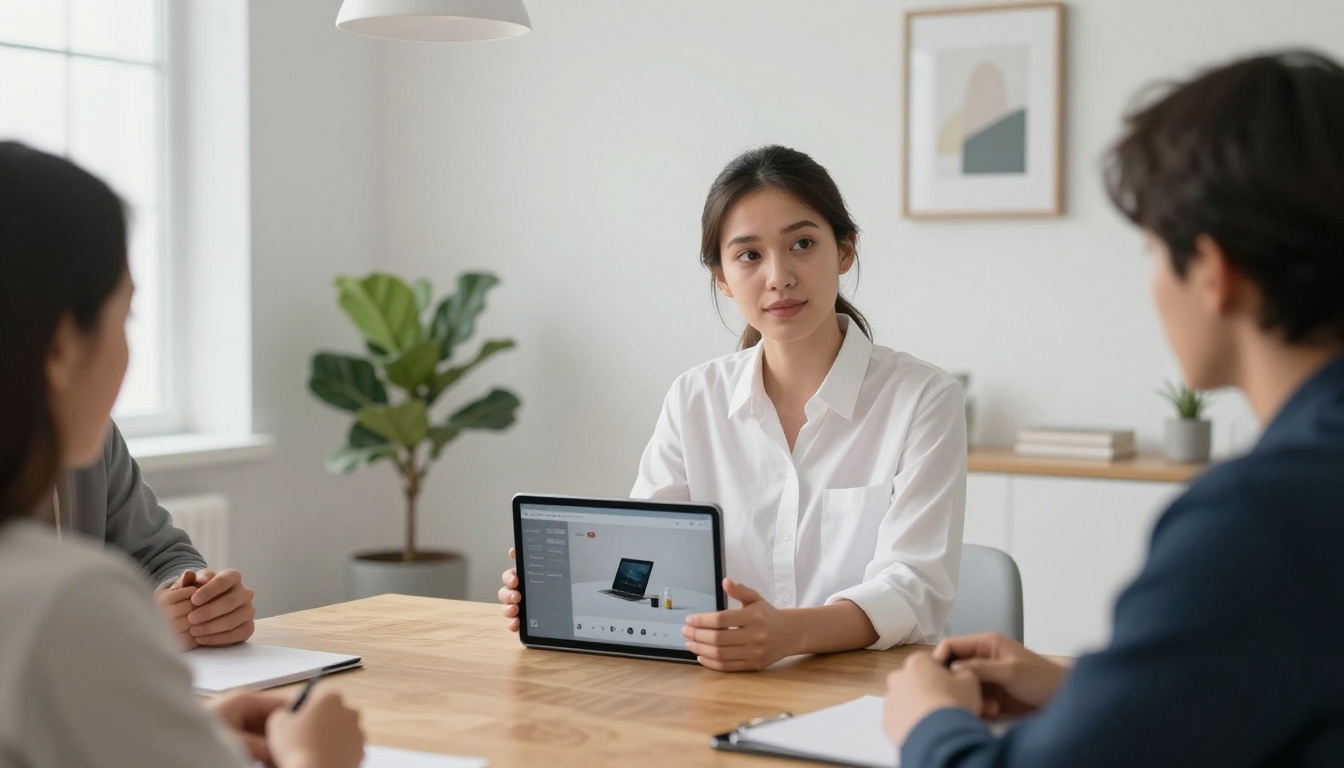 A confident professional woman presenting a product demo on a tablet to engaged colleagues in a Scandinavian meeting room
