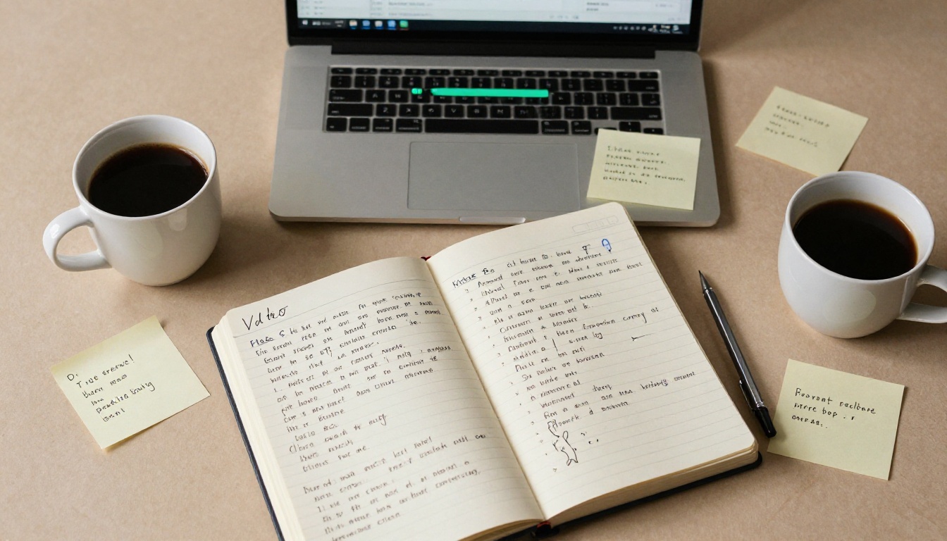 Overhead shot of a creative workspace with video script notes and laptop showing export progress