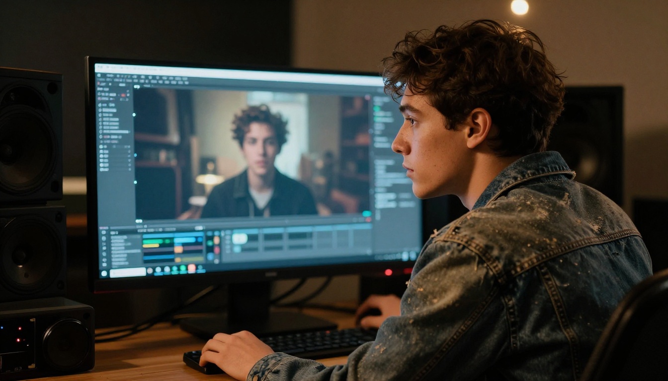 Music artist reviewing AI-generated video footage in dark editing suite
