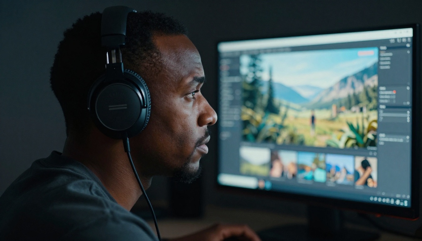 Black man wearing headphones watching AI-generated video on a desktop monitor