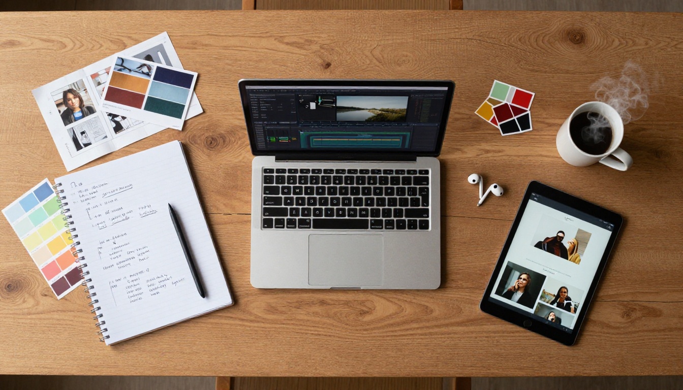 Aerial overhead view of a creative workspace with a laptop, storyboard frames, notepad with ad copy ideas, and a tablet showing video thumbnails