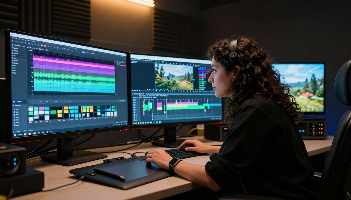 Professional video editor reviewing AI-generated footage on dual monitors in a high-end post-production suite