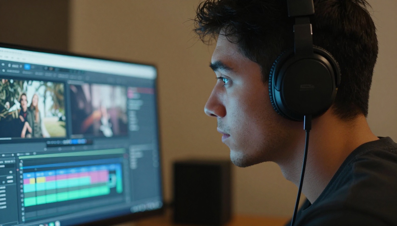 A focused young man in profile studying a video editing timeline on a monitor, face illuminated by screen glow with warm ambient light from the left