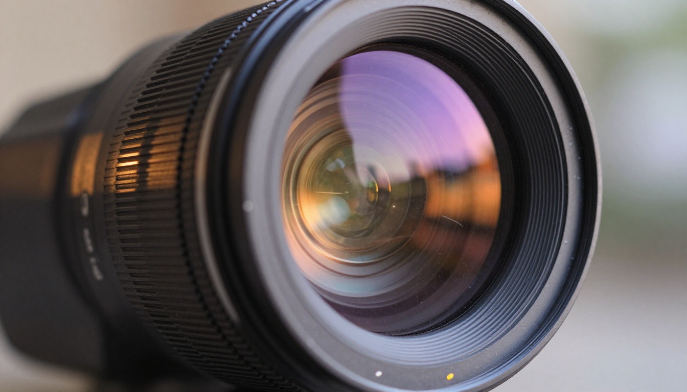 Close-up of a cinema-grade camera lens reflecting a blurred cityscape, representing the optical precision behind video quality