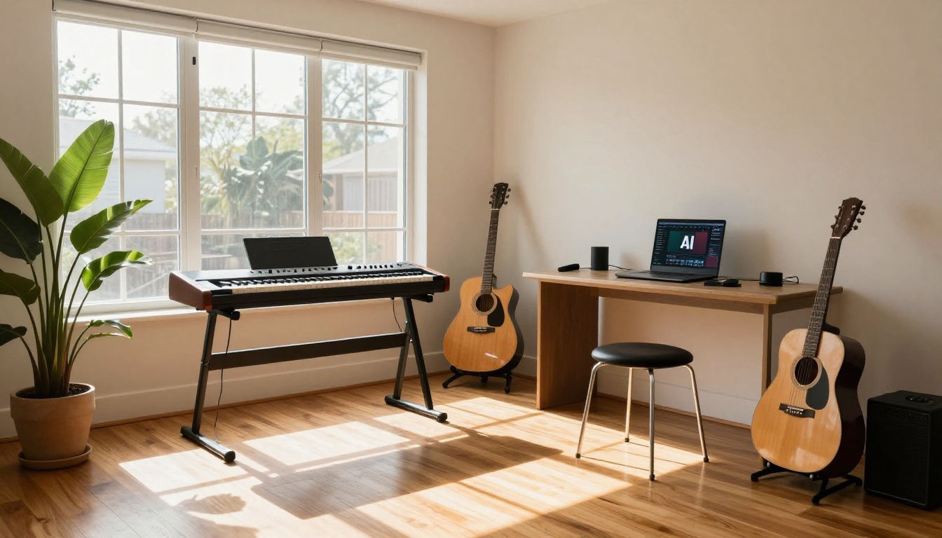 Modern home music studio with natural light and synthesizer