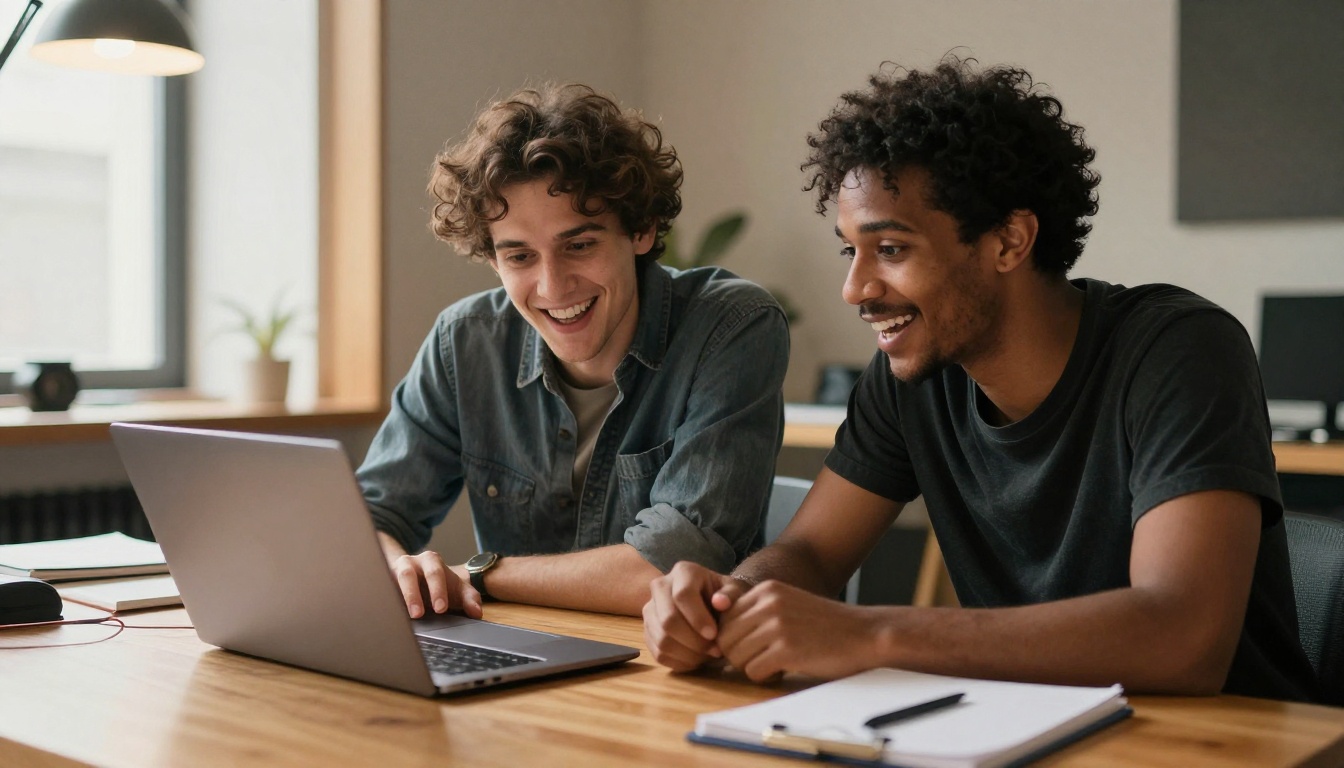 Two music collaborators reviewing AI video together at a studio desk