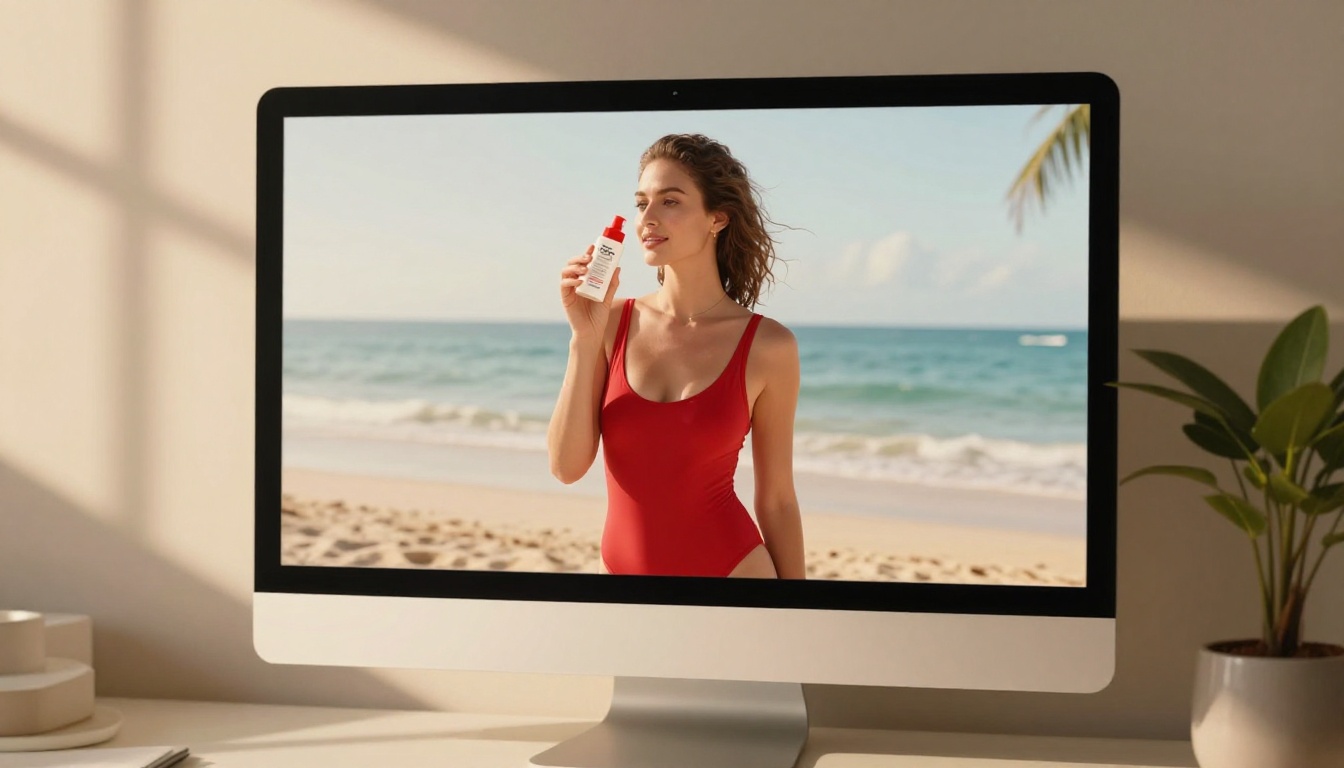 A widescreen monitor on a minimal white desk displays a polished social media video advertisement showing a woman on a tropical beach A widescreen monitor on a minimal white desk displays a polished social media video advertisement showing a woman on a tropical beach