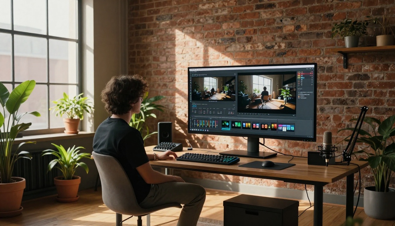 Content creator in a loft studio comparing two video frames side-by-side on a large widescreen monitor