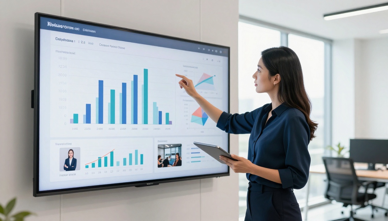 A marketing analyst stands in front of a large display showing video ad performance analytics with bar charts and click-through rate graphs A marketing analyst stands in front of a large display showing video ad performance analytics with bar charts and click-through rate graphs