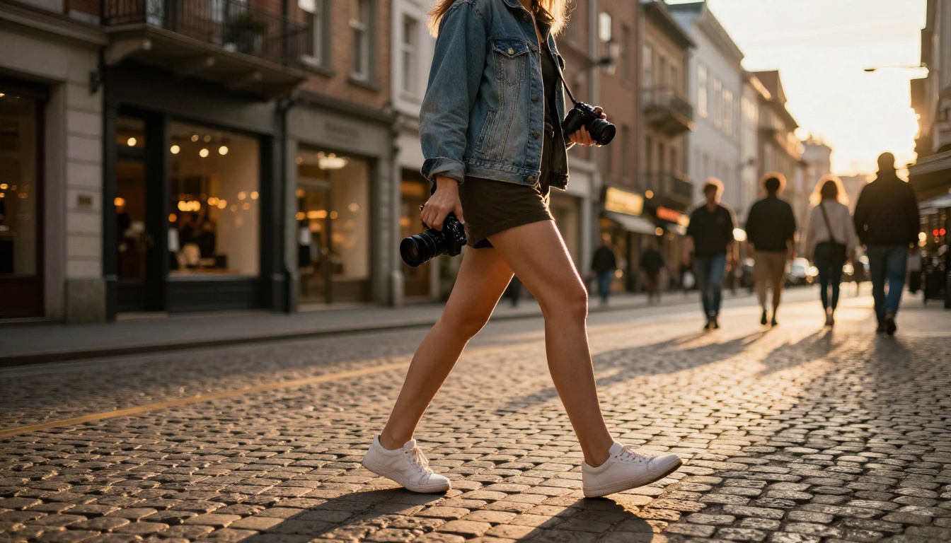 Female filmmaker walking across a golden-hour city street holding a mirrorless camera, representing on-the-go content creation speed