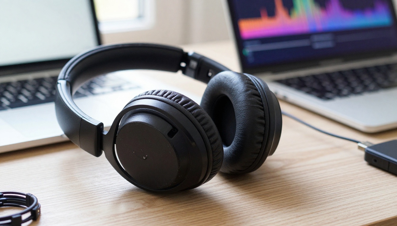 Professional headphones on a desk beside an open laptop displaying audio waveforms, representing native audio capabilities
