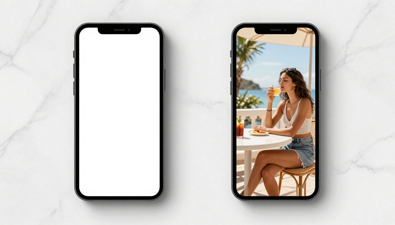 Two smartphones side by side on white marble: the left showing a flat static image ad, the right displaying a vibrant AI-generated video advertisement with a model in summer apparel Two smartphones side by side on white marble: the left showing a flat static image ad, the right displaying a vibrant AI-generated video advertisement with a model in summer apparel