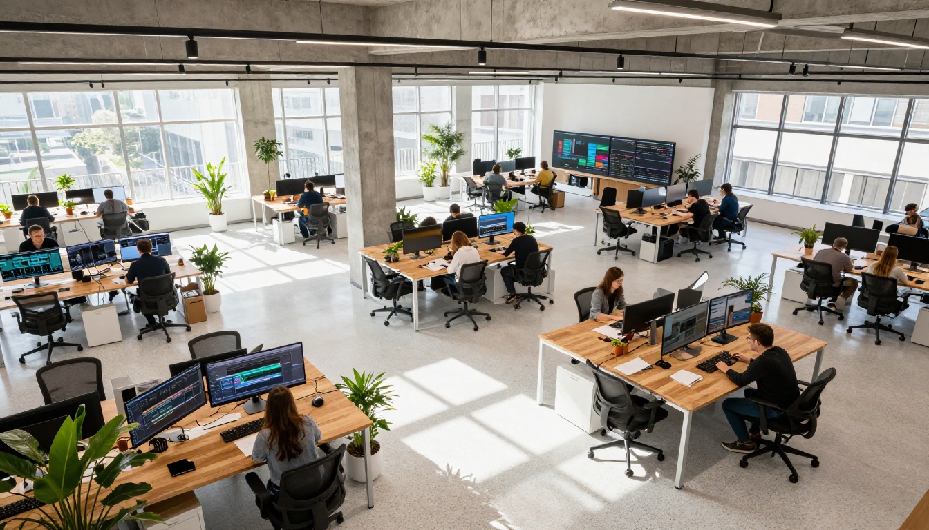 Aerial top-down view of a modern open-plan creative tech office with employees working at video editing workstations