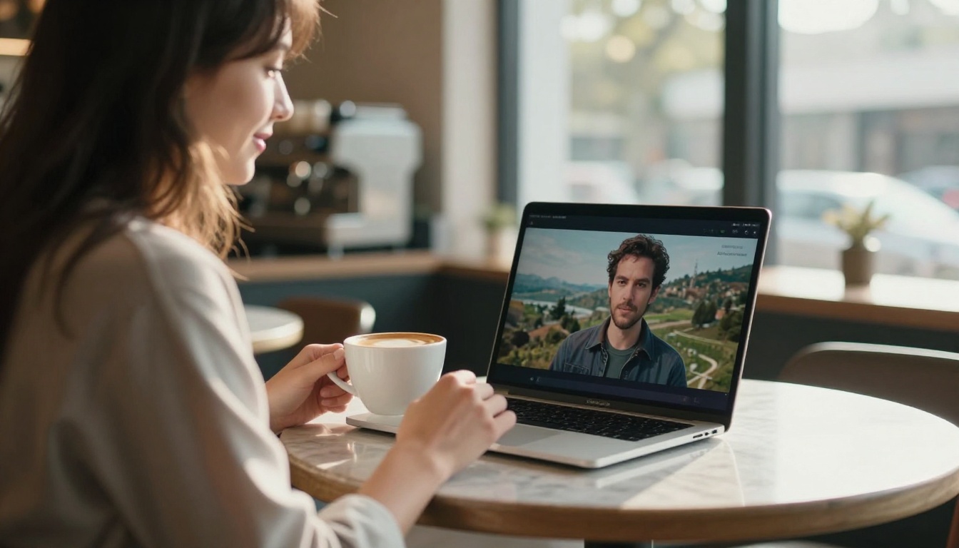 Young woman watching AI-generated cinematic video on a laptop in a sunlit cafe, showing the accessibility of modern AI video tools