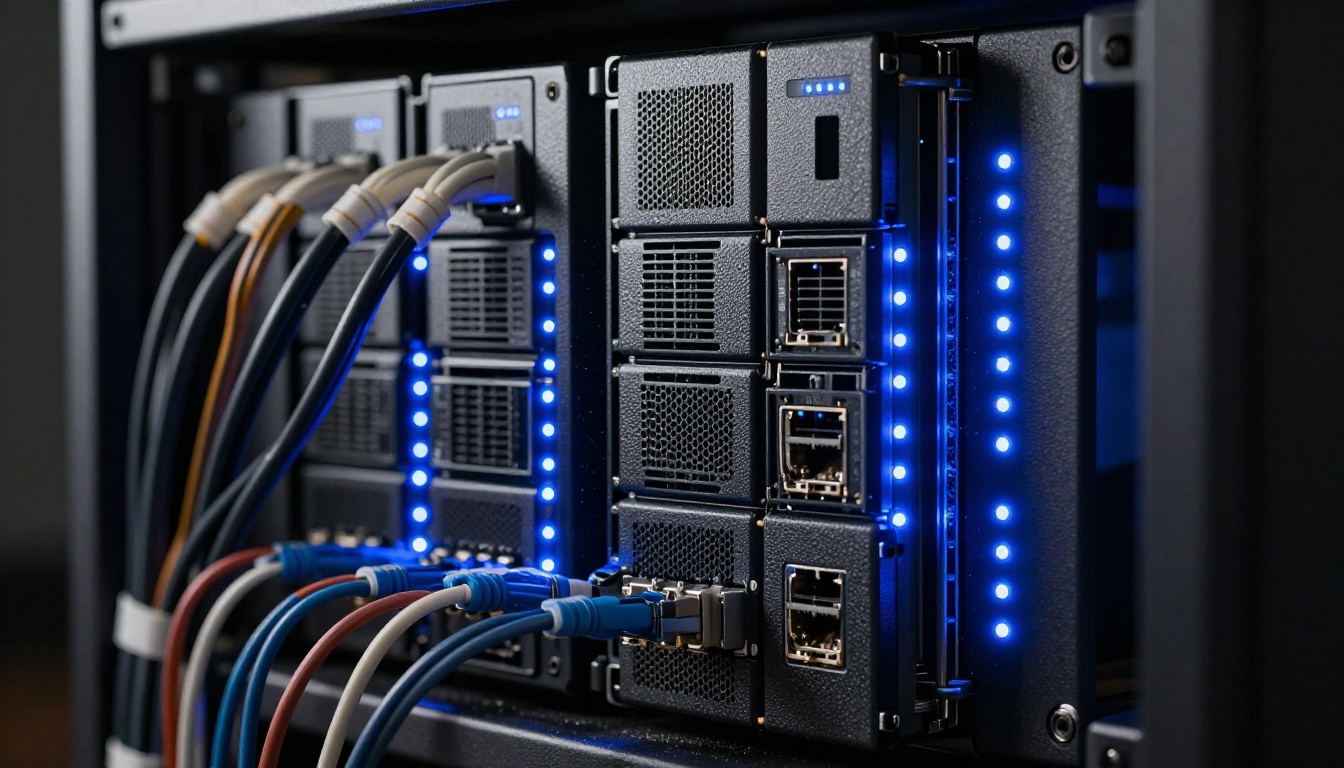 Server rack with blue LED indicators representing the computational infrastructure powering AI video models