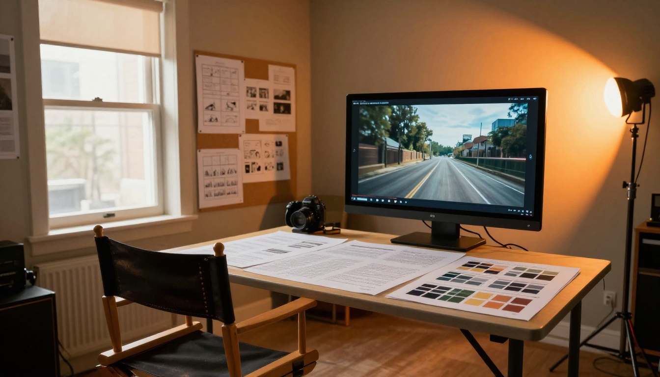 Professional creative studio with storyboard frames on a cork wall, script pages, and a monitor showing a paused cinematic video frame