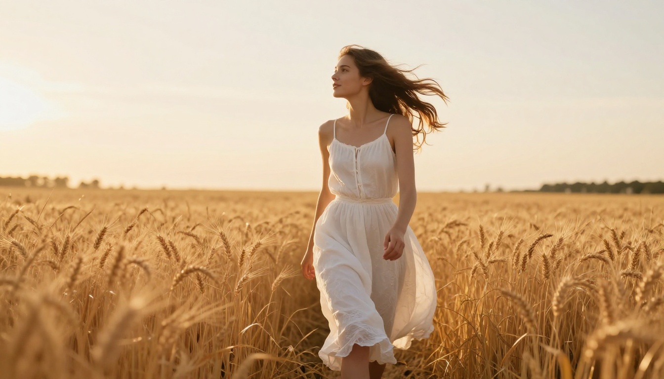 Young woman in white sundress walking through sunlit wheat field at golden hour, natural hair motion, low angle, photorealistic 8K